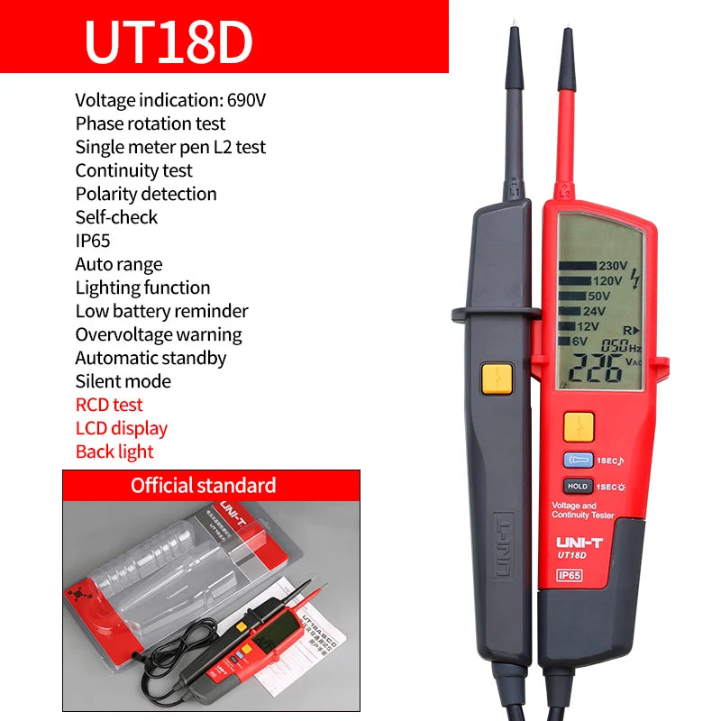 UNI-T Digital Voltmeter Tester UT18B UT18D AC DC Voltage Continunity  690V LCD Display 3 Phase Sequence RCD Electrical Tester