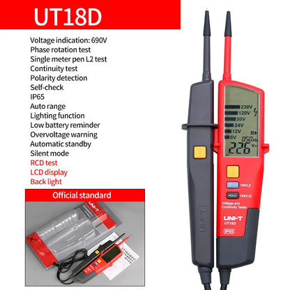 UNI-T Digital Voltmeter Tester UT18B UT18D AC DC Voltage Continunity  690V LCD Display 3 Phase Sequence RCD Electrical Tester