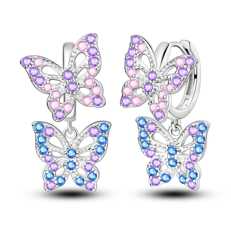 Original 925 Sterling Silver Earrings Sparkling Shining Dreamy Butterfly Hoop Earring for Women Girl Party Birthday Jewelry Gift
