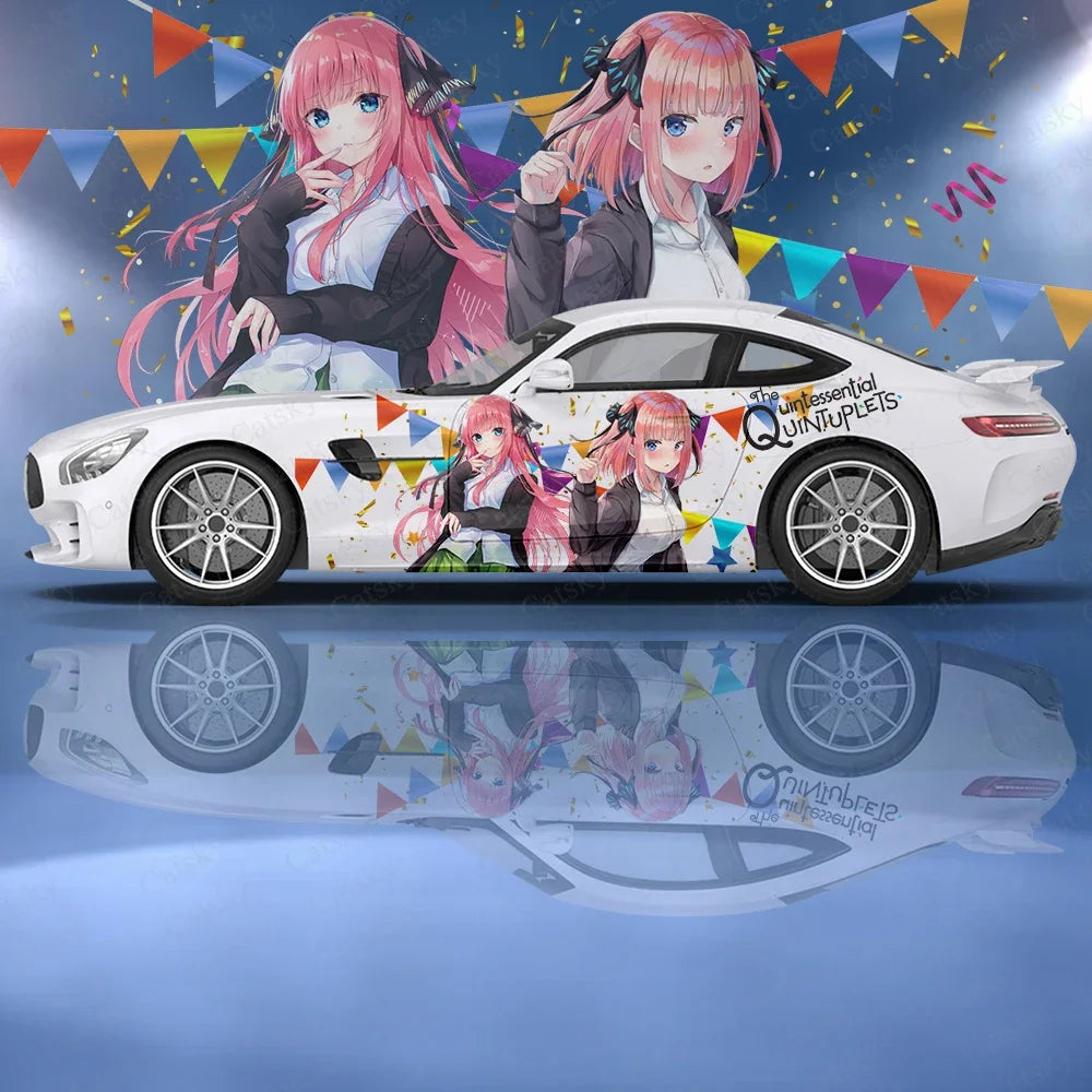Quintessential Quintuplets car decals featuring colorful graphics on a sleek car design.