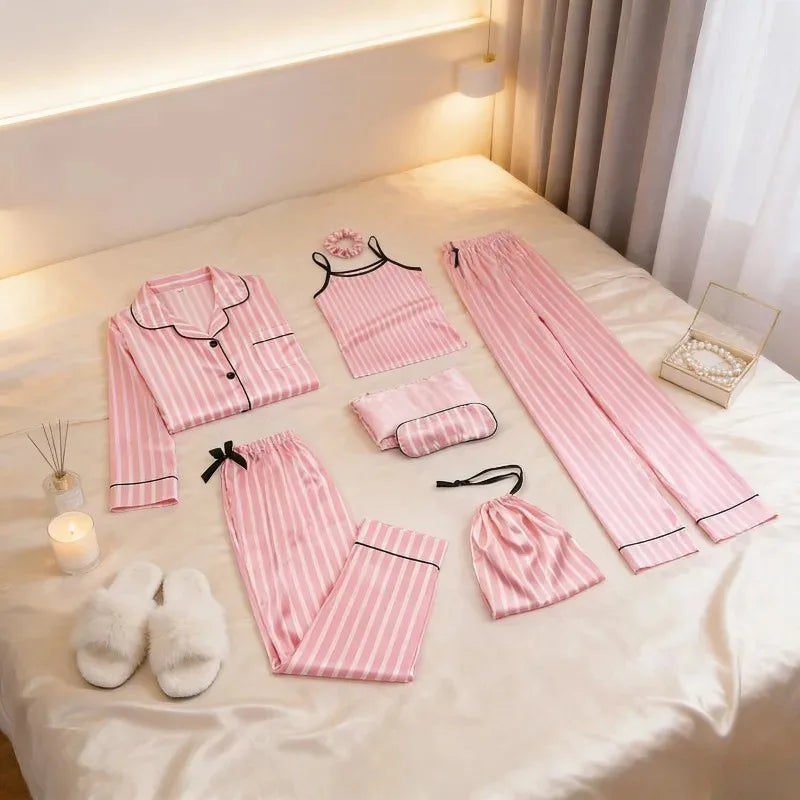 Kids Silk Like Striped Pajama Set 7 Piece Homewear All Season Wear Comfortable Sleepwear Outfit Girl Clothes