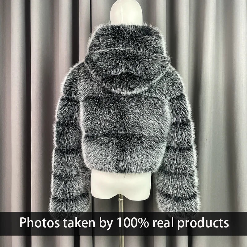Winter Warm Ladies Fake Fox Fur Jacket Short Fashion Hooded Artificial Fox Fur Coat High Quality Women's Cropped Fur Coat Black