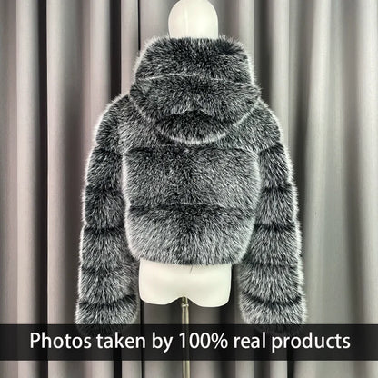 Winter Warm Ladies Fake Fox Fur Jacket Short Fashion Hooded Artificial Fox Fur Coat High Quality Women's Cropped Fur Coat Black