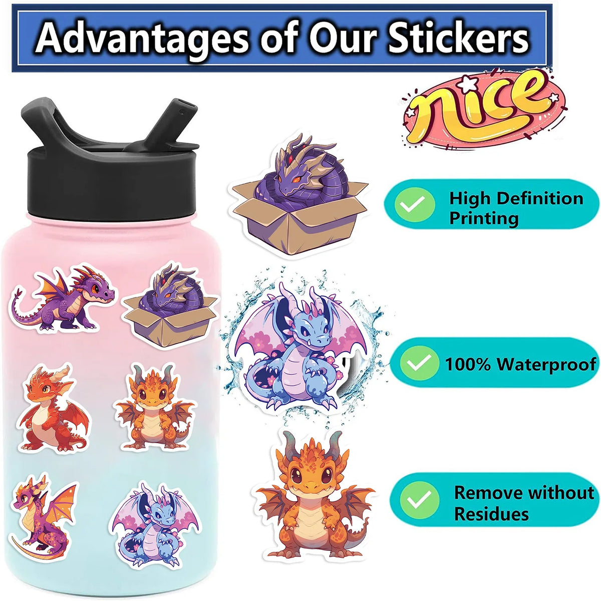 50-100pcs Cartoon Cute European Dragon Stickers Pack for Scrapbooking Laptop Travel Luggage Laptop Wall Car Decoration Decal