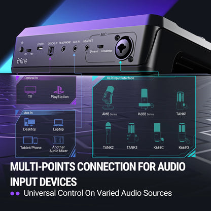 FIFINE SC8 Audio Mixer with RGB Lighting & Voice Changer, XLR Mic Preamp, 3 EQ Modes, Plug & Play for Gaming/Streaming/Podcast
