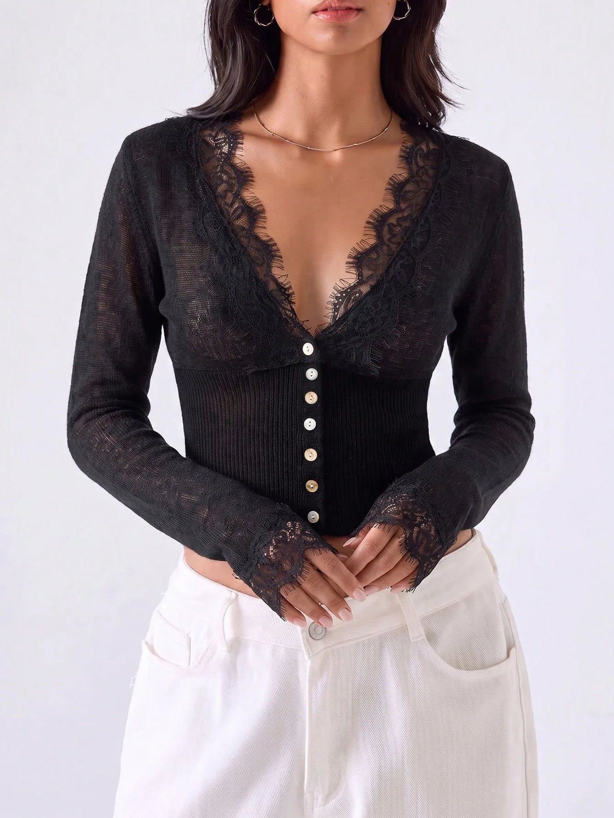 Women Lace Trim Knit Cardigan Tops V Neck Long Sleeve Button Down Cropped Sweater Vintage Slim Fit Sheer Mesh Knitwear Elegant L
