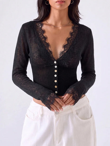 Women Lace Trim Knit Cardigan Tops V Neck Long Sleeve Button Down Cropped Sweater Vintage Slim Fit Sheer Mesh Knitwear Elegant L