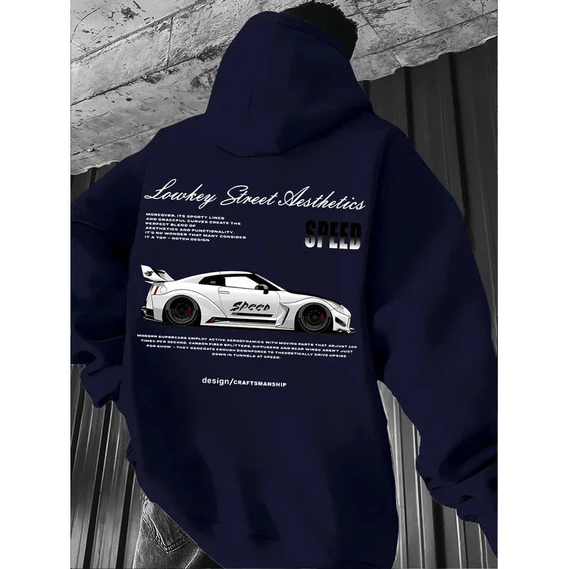 2026 New Arrival Sports Car Graphic Hoodie for Men White Street Racing Aesthetic Pullover with SPFRD Letter Print Streetwear