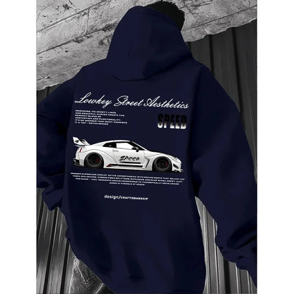 2026 New Arrival Sports Car Graphic Hoodie for Men White Street Racing Aesthetic Pullover with SPFRD Letter Print Streetwear