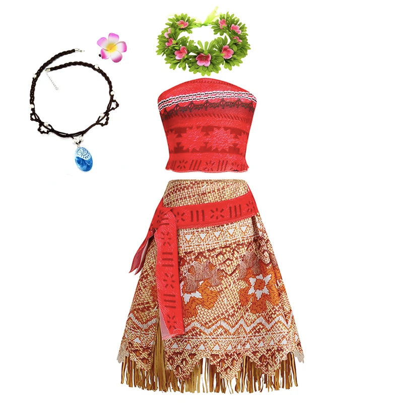 Girls Moana Princess Dress for Kids Carnival Cosplay Vaiana Costume Children Birthday Party Headwear Necklace Flower Clothes Set