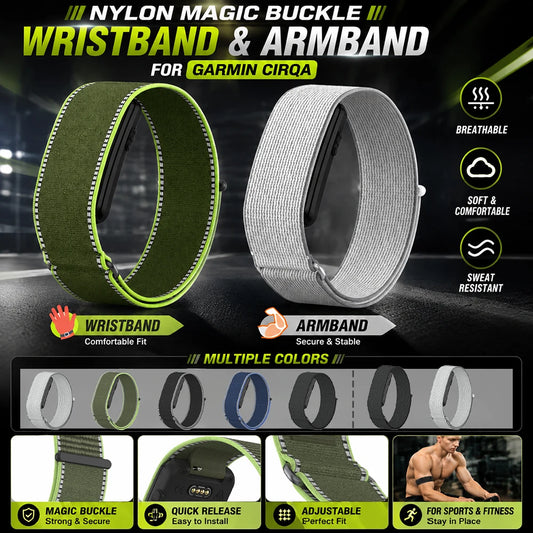 Adjustable Upper Arm Bicep & Wrist Strap for Garmin CIRQA Premium Custom Nylon Loop Soft Replacement Smart Sport Band Accessory