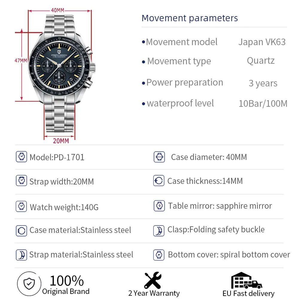 2026 New PAGANI DESIGN Tribute to CK2998 Moon Watch Retro Luxury Quartz Watches For Men Stainless Steel Sport Chronograph Man
