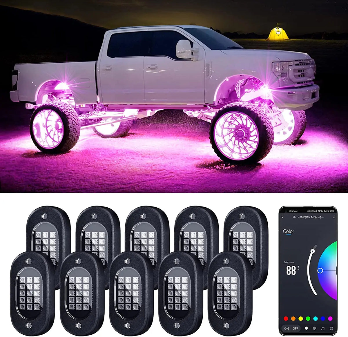 Honalia RGB LED Rock Lights APP Control Music Neon Car Underglow Chassis Light for Offroad Truck SUV 4x4 ATV Boat