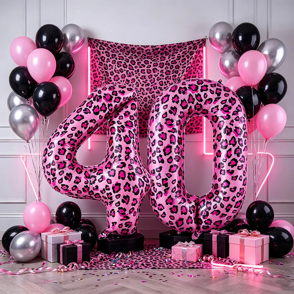 32 Inch Pink Leopard Print Number Foil Balloon 0‑9 Digit Balloon Wild Animal Helium Balloon for Birthday Anniversary Party Decor