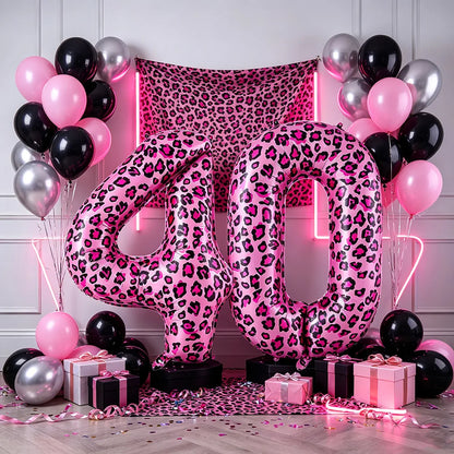 32 Inch Pink Leopard Print Number Foil Balloon 0‑9 Digit Balloon Wild Animal Helium Balloon for Birthday Anniversary Party Decor