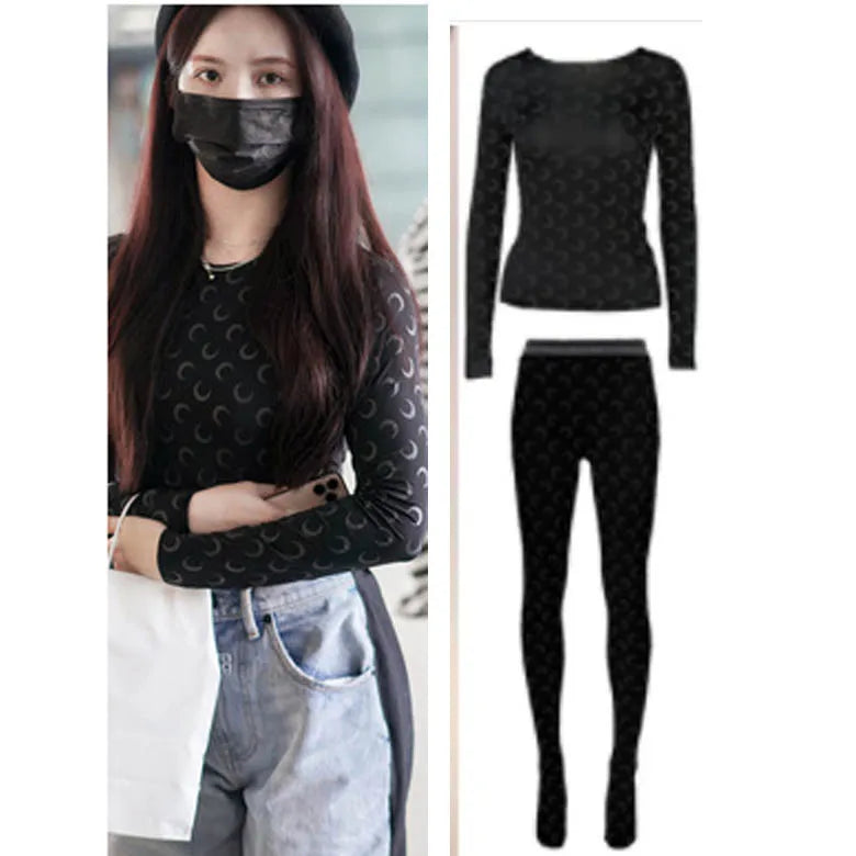 Ice Silk Two Piece Set Womens Sun Protection Clothes Long Sleeve Moon Print Top and Pants American Retro Sexy Autumn New