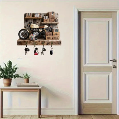2D Retro Motorcycle Display - Wooden Key Holder with Four Metal Hooks, Home, Living Room, Room, Wall, Porch, Garage Decoration