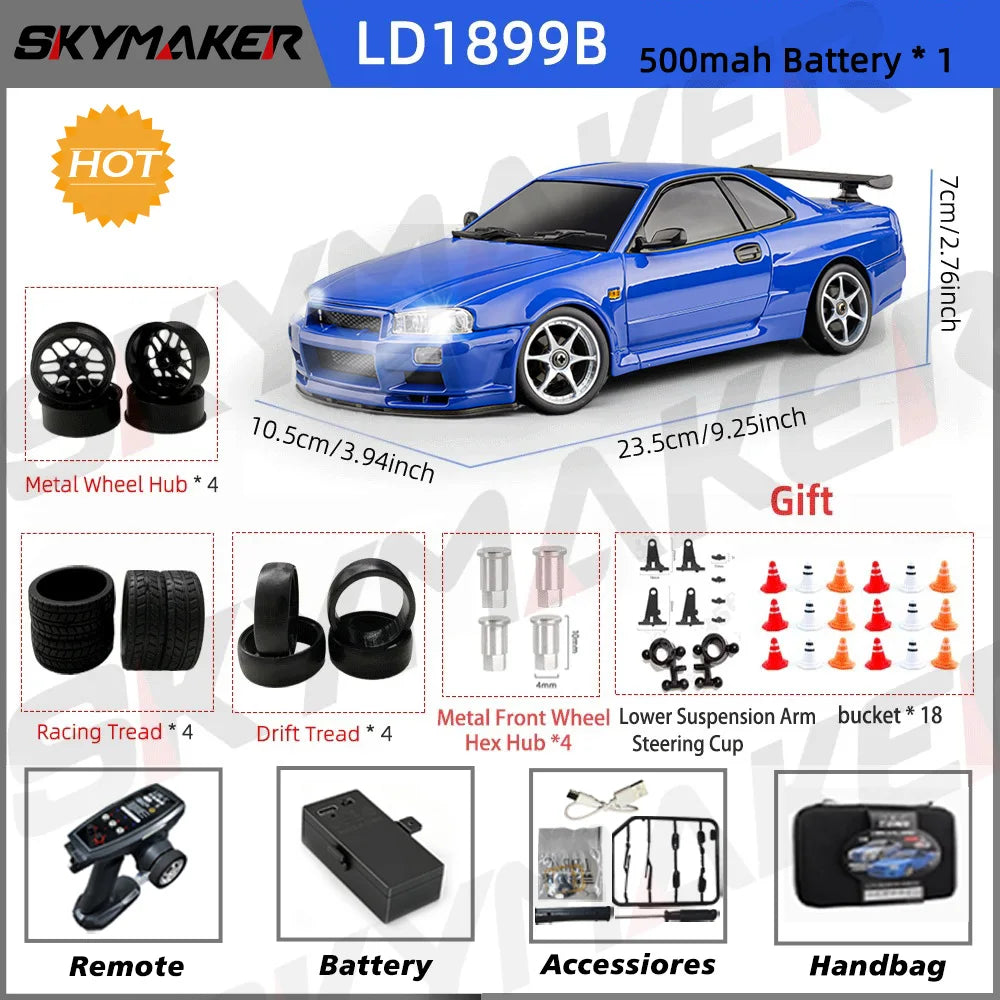 Skymaker LDRC 1/18 RC Drift Car LD1899 GTR Mode R34 2.4GHz RWD with Gyroscope on-Road Alloy Body Shell Racing Car for Boys Gifts
