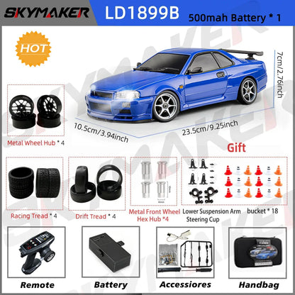 Skymaker LDRC 1/18 RC Drift Car LD1899 GTR Mode R34 2.4GHz RWD with Gyroscope on-Road Alloy Body Shell Racing Car for Boys Gifts