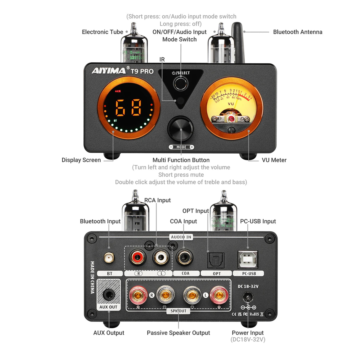 AIYIMA Audio T9 Pro Stereo Vacuum Tube Amplifier Bluetooth 5.1 QCC3040 Aptx USB DAC COAX OPT HiFi Home Digital Amp VU Meter 100w
