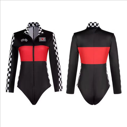 Women Race Car Driver Jumpsuit Cosplay Costume Sexy Bodysuit Long Sleeves Car Game Racer Girl Cheerleaders Uniform Halloween