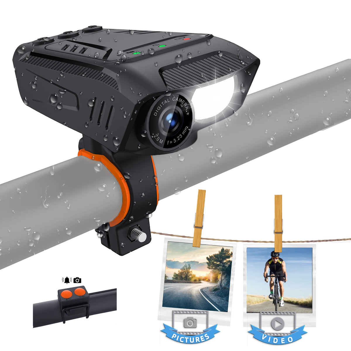 1080P Cycling Camera 30FPS Bicycle Camera Motorcycle Camera Rainproof with LED Flashlight Bike Horn Build-in Battery for Outdoor