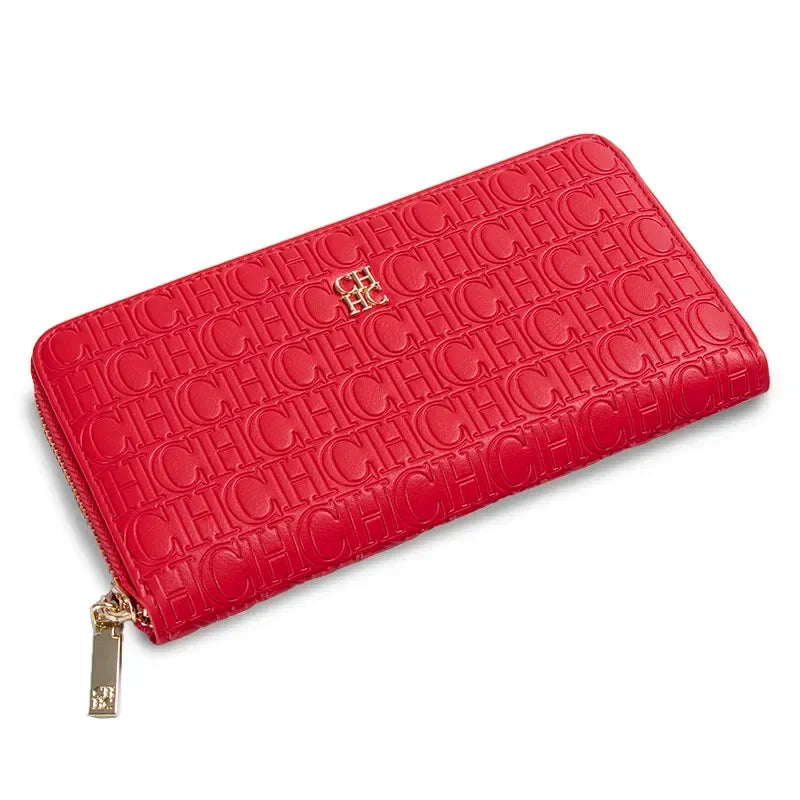 CH Elegant Embossed Zipper Wallet Brand Gold Micro Logo Multi-Card Slots Zipper Compartment Leather Clutch Wallet