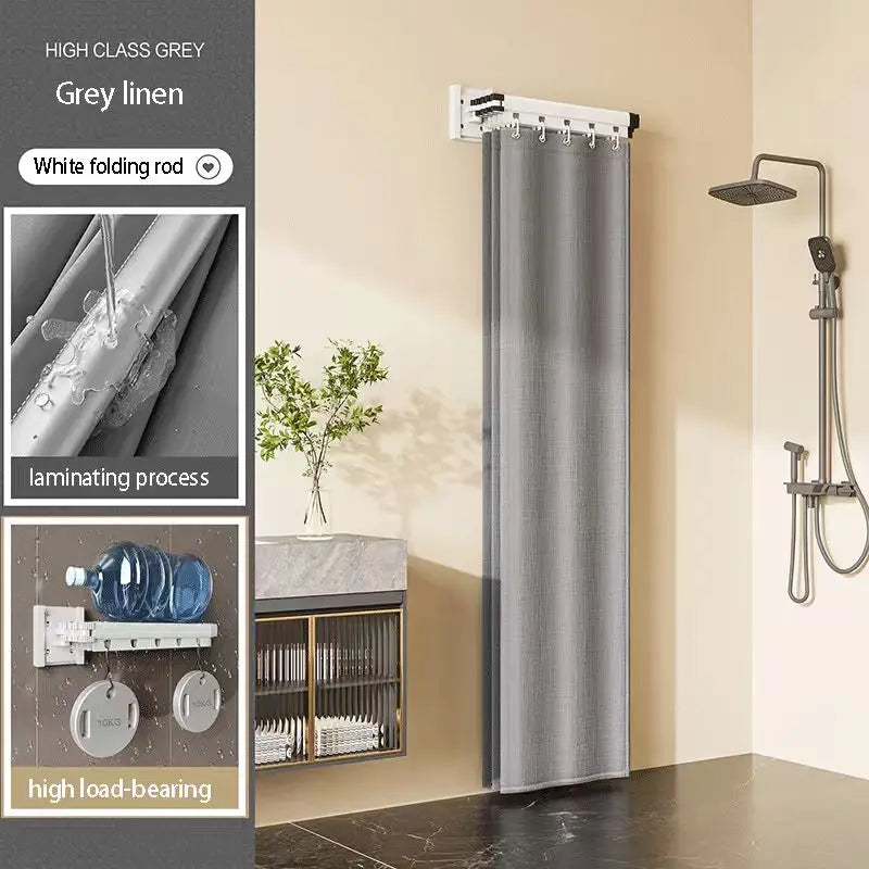 Foldable Shower Curtain Rod Set, Waterproof High-End Bathroom Partition for Wet and Dry Separation, with a Folding Rack