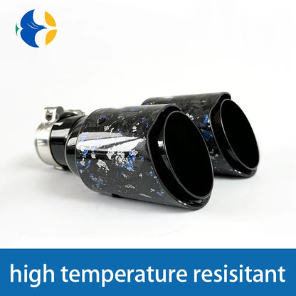 1 pcs AK Logo Blue Foil Forged Carbon Fiber + Black Stainless Steel Car Dual Exhaust Tip Double End Pipe Modification Muffler