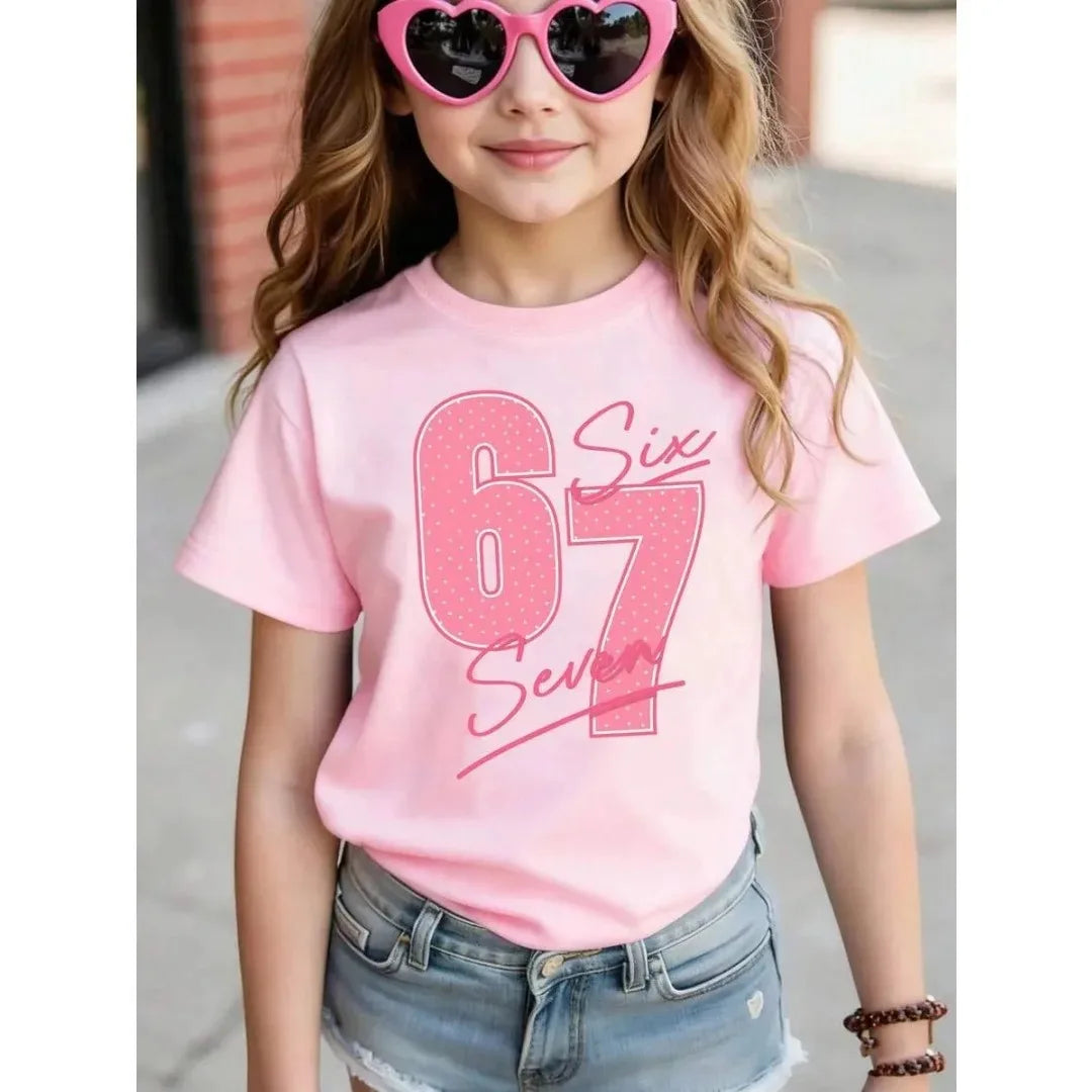 Children's 67 Christmas Elf Print Girls Short Sleeve Round Neck Tee Parties Casual Wear Comfort Children Clothes Girl Clothing