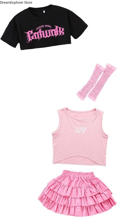Girls K-pop Crop Top Street Dance Tiered Skirt Cargo Pants Children Costume Kids Hip Hop Streetwear Jazz Girl Group Clothes Sets