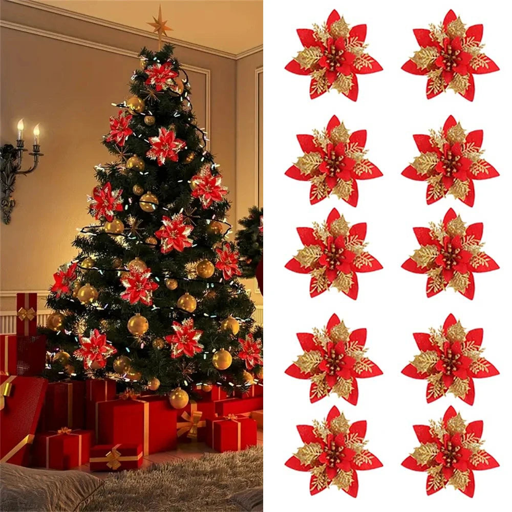 Glitter Artificial Flowers for Christmas Tree, Xmas Ornaments, Pink, Red, Gold, Home Decoration, 14.5cm