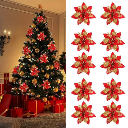 Glitter Artificial Flowers for Christmas Tree, Xmas Ornaments, Pink, Red, Gold, Home Decoration, 14.5cm