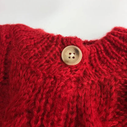 Vintage Cable Knit Toddler Girl Cardigan Red Metal Button Crew Neck Sweater 1-6Y Girls Autumn Winter Warm Knit Outerwear