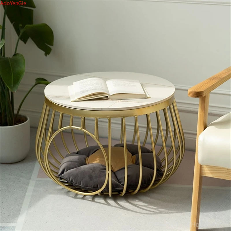 D60cm Creative Nordic Iron Tea Table Round Coffee Table for Living Room Furniture Bed Side Table Rock Plate Tables Cat House Bed