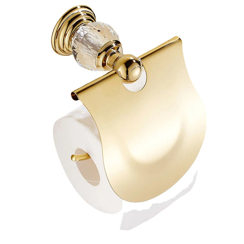 Luxury Gold Polished Brass Bathroom Accessories Set - Wall-Mounted Crystal Bath Hardware Collection