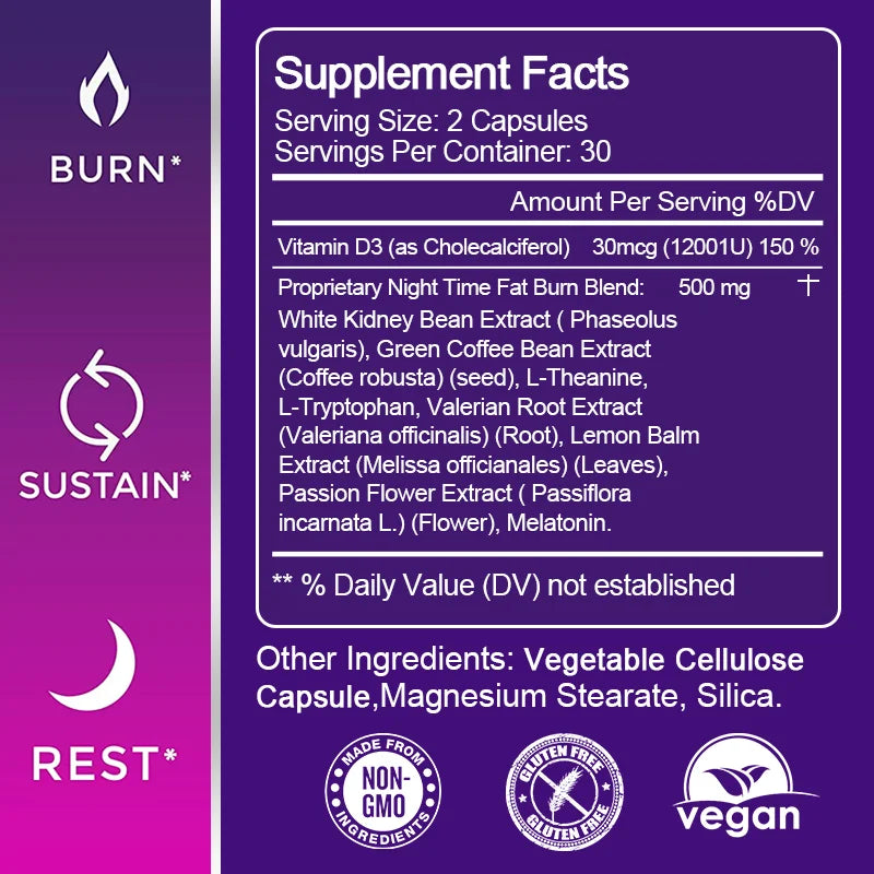 Slimming Capsule Night Time Fat Burner for Weight Loss, Boost Metabolism, Suppress Appetite Diet，Healthy Weight Management