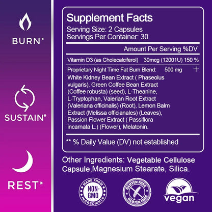 Slimming Capsule Night Time Fat Burner for Weight Loss, Boost Metabolism, Suppress Appetite Diet，Healthy Weight Management