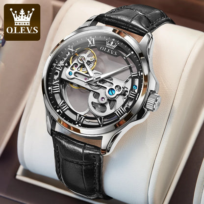 OLEVS 6661 Full Transparant Skelton Flywheel Automatic Mechanical Men's Watch Leather Strap Luxury Brand Original Man Wristwatch