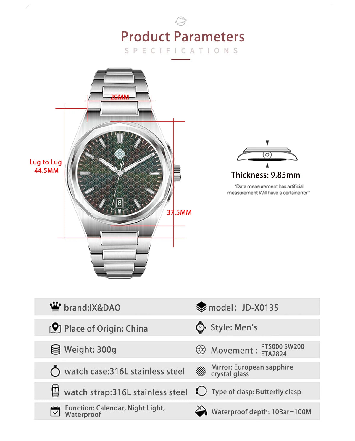 IX&DAO 2026 New Warrior 37mm Men's Automatic Mechanical Watch PT5000 Top Sapphire BGW-9 Stainless Steel Waterproof 10Bar