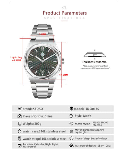 IX&DAO 2026 New Warrior 37mm Men's Automatic Mechanical Watch PT5000 Top Sapphire BGW-9 Stainless Steel Waterproof 10Bar