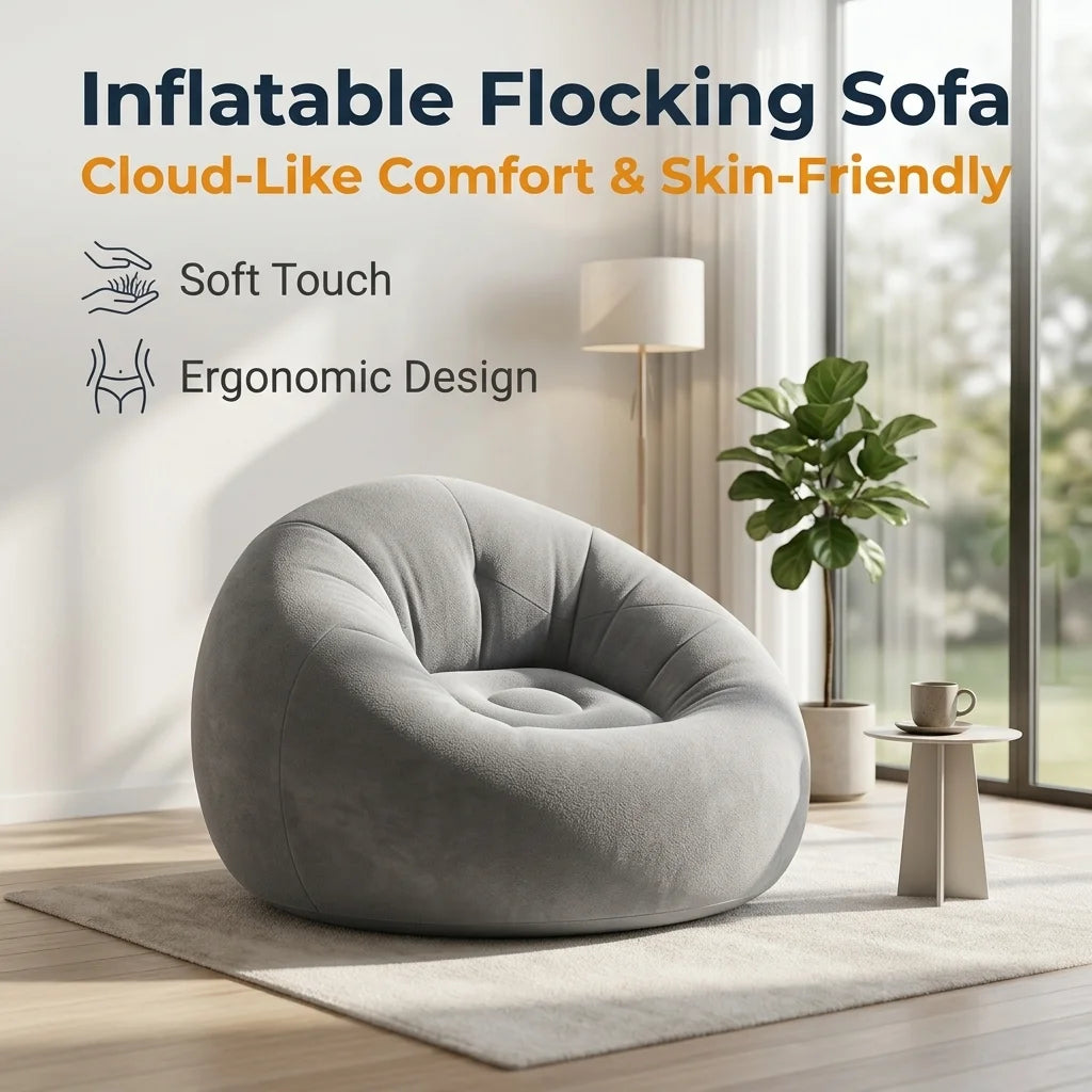 Round Flocked Inflatable Lazy Sofa,  Bean Bag Chair, Soft Skin-Friendly Inflatable Lounge Couch For Indoor Bedroom Dorm Rest