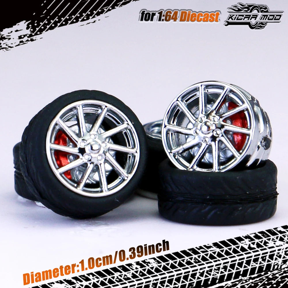 Kicarmod 1/64 Model Car ABS Wheels with Rubber Tire Brake Disc Refitting Parts Diameter 10mm For Model Car Tomica