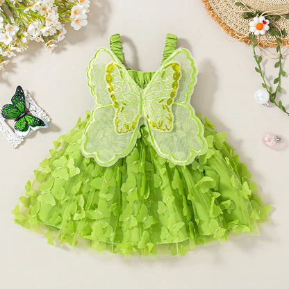 Baby Girl Dress Summer Butterfly Mesh Suspender Girl Dress Cute Back Wings Girl Wedding Flower Girl Dress