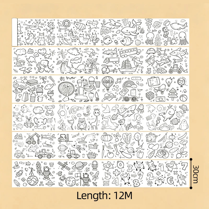 12M Giant Coloring Scroll Kids Doodle Jumbo Drawing Toy Animals Dinosaur Vehicles Food Painting Paper Roll Educational DIY Gift
