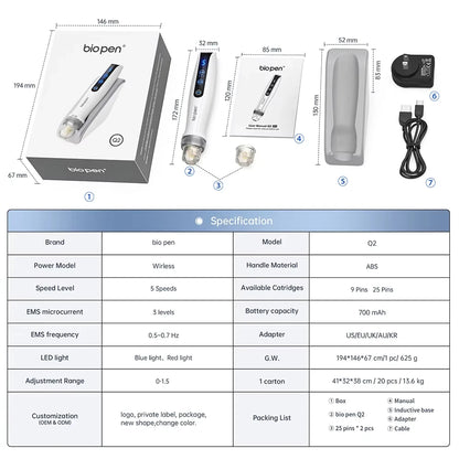 Best Microneedling Pen Bio Pen Q2 EMS Derma Pen With 2 pcs Automatic Serum needles gifts - Led Light Therapy Beauty Equipment