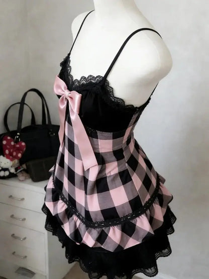 Summer Japanese Kawaii Sweet Mini Dress Women Plaid Strapless Lace Trim Elegant Sexy Dress Female Korean Chic Popular Clothes