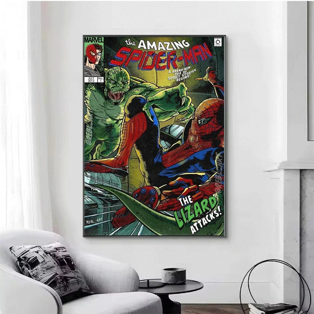 Superhero Iron Man Spider‑Man Vintage Comic Collage Canvas Wall Art Print Poster Unframed Canvas Painting Home Living Room Bed