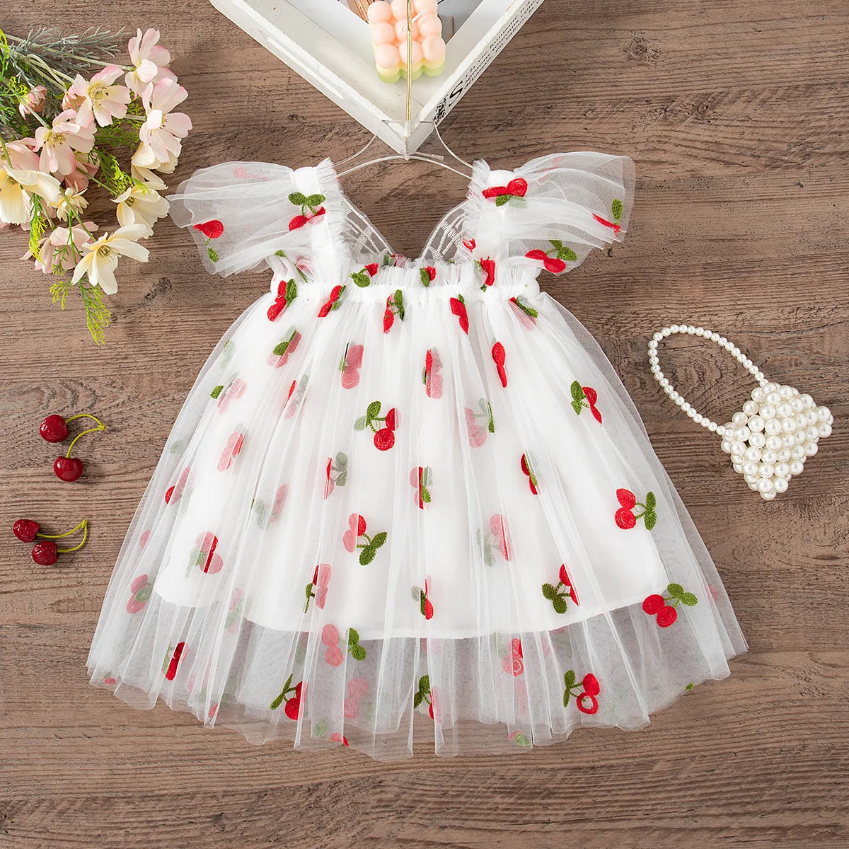 Baby Girl Dress Summer Mesh Cherry Girl Dress Cute Back Wings Wedding Flower Girl Dress Baby Girl Clothing
