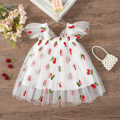 Baby Girl Dress Summer Mesh Cherry Girl Dress Cute Back Wings Wedding Flower Girl Dress Baby Girl Clothing